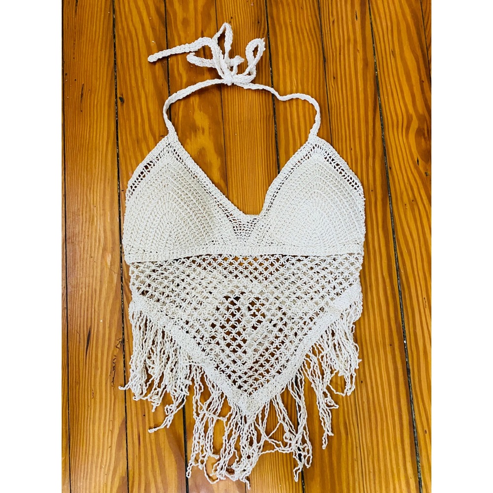 Ivory Crochet Halter Top Fringe Handkerchief Hem Boho Festival small